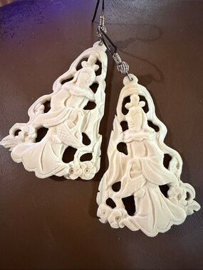 Carved Bovine White Goddess Drop Earrings - 925 earring wires